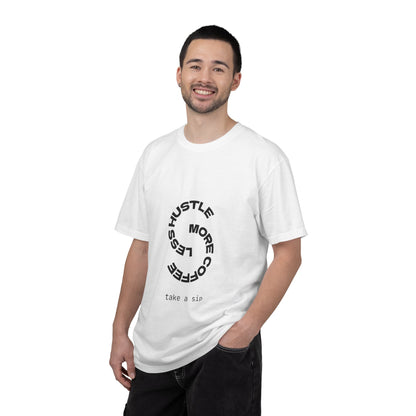 Hustle More, Coffee Less T-Shirt — 'take a sip' Minimal Coffee Tee